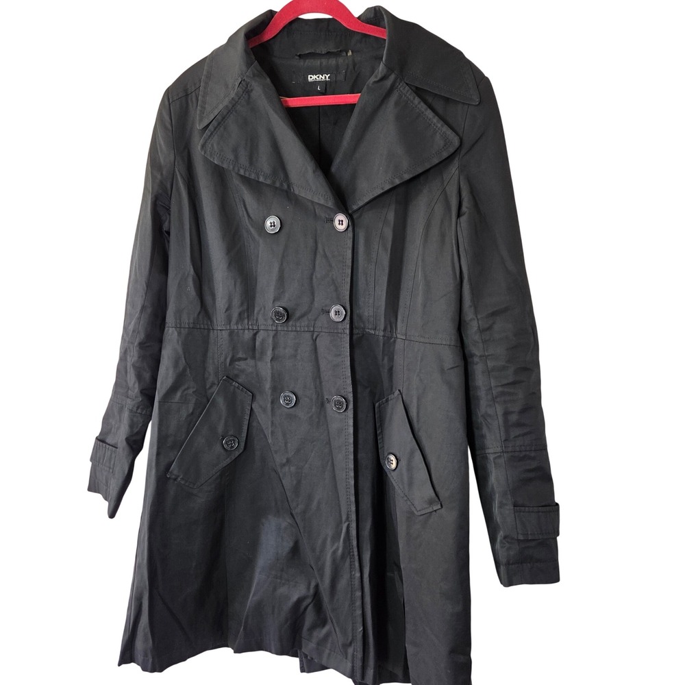 DKNY Women's Black Double Breasted Trench Coat Long Jacket Size L